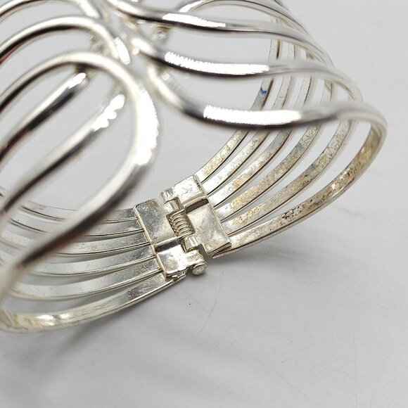Vintage Boho Silver Tone Wide Multi Band Hinged Cuff Bracelet - Picture 4 of 5
